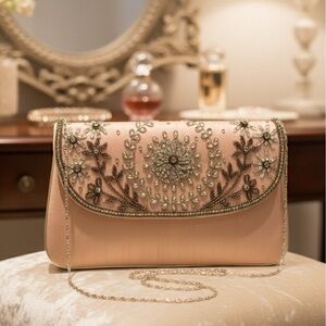 Vintage peach satin and sequin crossbody bag floral and leaf design